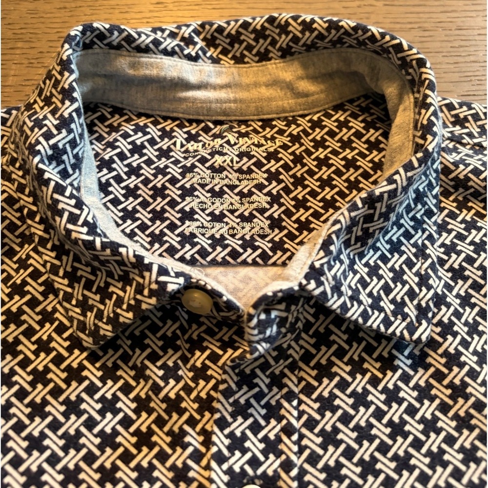 Tailor Vintage Mens XXL Navy White Geometric Short Sleeve Button Down Shirt